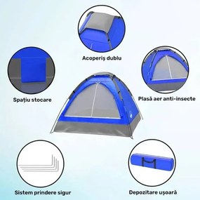 Cort camping (200 x 200 x 130 cm), Spațiu 3-4 Persoane, cu Fixare anti-vânt, Material impermeabil (Oxford), Acoperiș dublu, Plasă anti-insecte și Protecție solară (UPF50+)