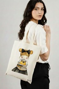 Sacosa de Panza pentru Cumparaturi, Geanta Tote, model The bookie girl 9 38 x 34.5 cm, Alba, BEKZ®