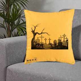 Perna Decorativa Halloween Cimitir Acuarela cu Dovleac, 40x40 cm, Galben, Husa Detasabila, Perna Inclusa, BEKZ®