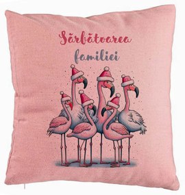 Perna Decorativa cu tematica de Craciun, Flamingo si Text 2, 40x40 cm, Roz, Husa Detasabila, Burduf