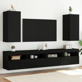 Comode TV de perete cu lumini LED, 2 buc., negru, 30,5x35x70 cm