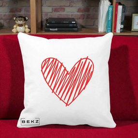 Perna Decorativa Inima Rosie Desen Manual, 40x40 cm, Alba Mata, Husa Detasabila, Perna Inclusa, BEKZ®