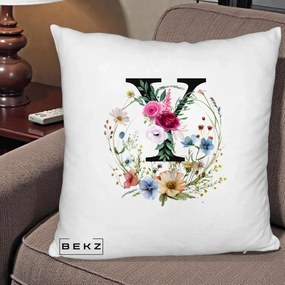 Cadou Personalizat - Perna Personalizata Monograma Florala Litera Y cu Coroana, 40x40 cm, Alb Pufos, Husa Detasabila, Perna Inclusa, BEKZ®