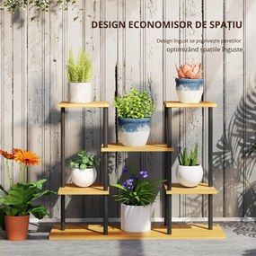 Outsunny Suport plante interior etajeră plantă cu 6 nivele cadru din oțel bază lemn masiv 80 x 24 x 61,5 cm lemn natural | Aosom Romania