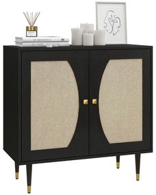 HOMCOM Bufet de bucătărie mobilier de depozitare design boem cu dublă uși și 2 nivele, fațadă din răchită 80 x 38 x 79 cm negru | Aosom Romania
