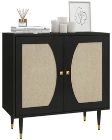 HOMCOM Bufet de bucătărie mobilier de depozitare design boem cu dublă uși și 2 nivele, fațadă din răchită 80 x 38 x 79 cm negru | Aosom Romania