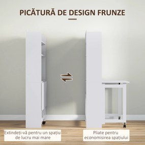HOMCOM Birou cu Rafturi, Blat Pliabil, 2 Roți și 4 Rafturi, Birou Compact Modern cu Orificiu pentru Cabluri, Masă pentru Computer, Casă Birou Cameră de Studiu, 80x69x155 cm, Alb | Aosom Romania