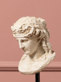 Sculptură decorativă bust de femeie din rășină natur, pe piedestal din lemn negru și tijă din metal, finisaj antichizat, 31 x 10 cm, „Livia”