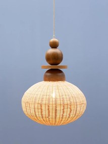Lustră din ratan împletit natur cu structură din lemn de acacia și elemente sferice decorative, 52 × 40 cm, „Rotinelle"