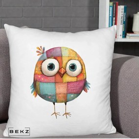 Perna Decorativa Pasare Patchwork Colorata, 40x40 cm, Alb Pufos, Husa Detasabila, Perna Inclusa, BEKZ®