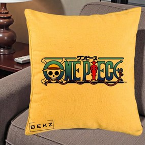 Perna Personalizata One Piece Clasic Albastru, 40x40 cm, Galben, Husa Detasabila, Perna Inclusa, BEKZ®