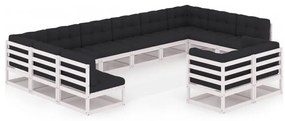 3077275 vidaXL Set mobilier grădină cu perne, 12 piese, alb, lemn masiv de pin