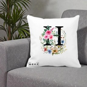 Cadou Personalizat - Perna Personalizata Monogram Litera H cu Flori Acuarela, 40x40 cm, Alba Mata, Husa Detasabila, Perna Inclusa, BEKZ®