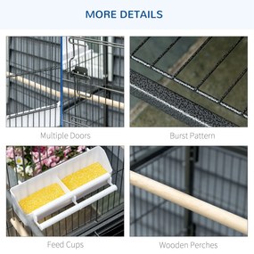 Cusca papagali de Interior din Otel si Lemn cu Tavă Detasabila, 4 Roți, Recipient pentru Alimente 78x52x132cm, Gri Inchis PawHut | Aosom Romania