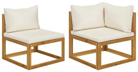 Set canapea 2 piese cu perne alb crem, lemn masiv de acacia 1, Crem, Canapea de centru + canapea de colt