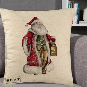 Perna Decorativa Mos Craciun Vintage cu Felinar, 40x40 cm, Bej, Husa Detasabila, Perna Inclusa, BEKZ®