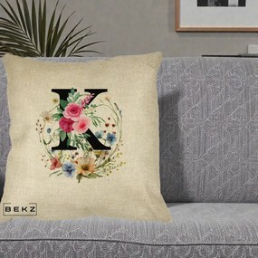 Cadou Personalizat - Perna Personalizata Monogram Litera K cu Flori Acuarela, 40x40 cm, Crem, Husa Detasabila, Perna Inclusa, BEKZ®