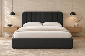 Pat tapițat din stofă Calista 160×200 cm, gri închis, cu ladă de depozitare