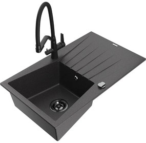 Mexen Cesar chiuvetă de granit cu un compartiment, cu picurător și baterie de bucătărie Duo, Negru cu picățele - 6514-76-671701-