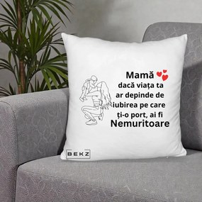 Cadou pentru Mama - Perna Personalizata Mama Nemuritoare Portret Graphic, 40x40 cm, Alb Pufos, Husa Detasabila, Perna Inclusa, BEKZ®