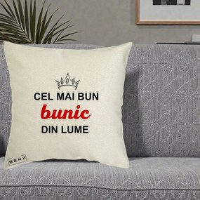 Cadou pentru Bunic - Perna Personalizata Cel Mai Bun Bunic Din Lume Coroana Rosu, 40x40 cm, Ecru, Husa Detasabila, Perna Inclusa, BEKZ®
