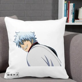 Perna Personalizata Gintama Gintoki Portret cu Zambet, 40x40 cm, Alba Mata, Husa Detasabila, Perna Inclusa, BEKZ®