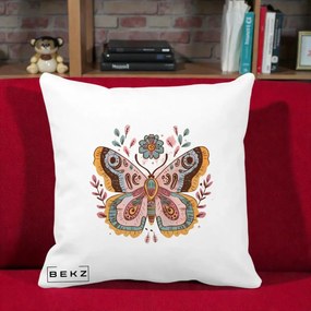 Perna Decorativa Fluture Boho Floral, 40x40 cm, Alba Mata, Husa Detasabila, Perna Inclusa, BEKZ®