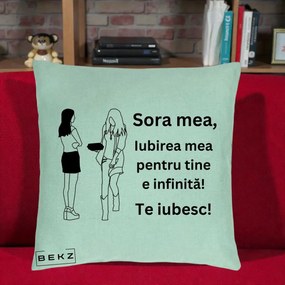 Cadou pentru Sora - Perna Personalizata Sora Mea Te Iubesc Fete Elegante cu Cadou, 40x40 cm, Verde Menta, Husa Detasabila, Perna Inclusa, BEKZ®