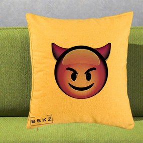 Perna Decorativa Emoji Diavol Mov, 40x40 cm, Galben, Husa Detasabila, Perna Inclusa, BEKZ®