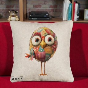 Perna Decorativa Pasare Patchwork cu Gene Lungi, 40x40 cm, Bej Canapea, Husa Detasabila, Perna Inclusa, BEKZ®