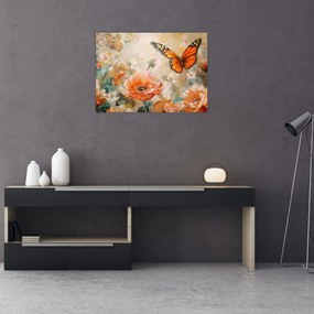 Tablou pe sticlă - Fluture și flori, pictură în ulei (70x50 cm)