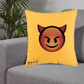 Perna Decorativa Emoji Diavol Mov, 40x40 cm, Galben, Husa Detasabila, Perna Inclusa, BEKZ®
