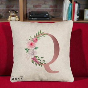 Cadou Personalizat - Perna Personalizata Monograma Rose Gold Litera Q, 40x40 cm, Bej Canapea, Husa Detasabila, Perna Inclusa, BEKZ®