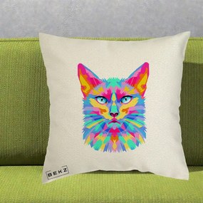 Perna Decorativa Pisica Pop Art Multicolor, 40x40 cm, Ecru, Husa Detasabila, Perna Inclusa, BEKZ®