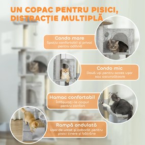 PawHut Arbore de Zgâriat pentru Pisici Înalt de 160 cm cu 2 Căsuțe, Hamac, Pat și Stâlpi din Sisal, Gri | Aosom Romania