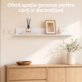 HOMCOM Etajeră de Perete pentru Living și Dormitor, Grosime 1,5 cm, Raft Suspendat din Lemn, 127x12x18 cm, Alb Lucios | Aosom Romania