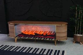 RESIGILAT- Comoda TV cu șemineu electric și riflaje, boxe Bluethooth, telecomandă, Lemn/Auriu, 180x40x50cm