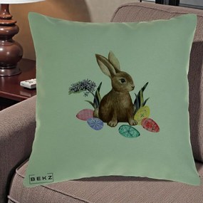 Perna Decorativa Iepuras cu Oua de Pasti Acuarela, 40x40 cm, Verde, Husa Detasabila, Perna Inclusa, BEKZ®