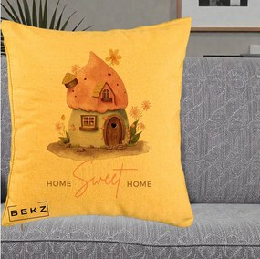 Perna Decorativa Home Sweet Home Casuta, 40x40 cm, Galben, Husa Detasabila, Perna Inclusa, BEKZ®