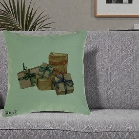 Perna Decorativa Cadouri de Craciun Kraft, 40x40 cm, Verde, Husa Detasabila, Perna Inclusa, BEKZ®