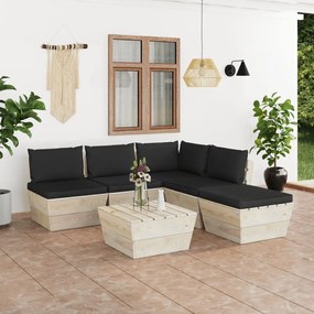 Set mobilier gradina din paleti cu perne, 6 piese, lemn molid Negru, colt + 3x mijloc + masa + suport pentru picioare, 1