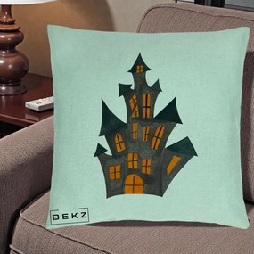 Perna Decorativa Halloween Casa Bantuita Minimalista, 40x40 cm, Verde Menta, Husa Detasabila, Perna Inclusa, BEKZ®