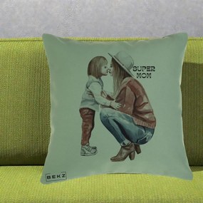 Cadou pentru Mama - Perna Personalizata Super Mom Acuarela, 40x40 cm, Verde, Husa Detasabila, Perna Inclusa, BEKZ®