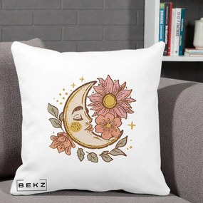 Perna Personalizata Luna Boho Chip Floral, 40x40 cm, Alba Mata, Husa Detasabila, Perna Inclusa, BEKZ®