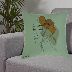 Perna Decorativa Portret Feminin Mac Mare Portocaliu, 40x40 cm, Verde, Husa Detasabila, Perna Inclusa, BEKZ®