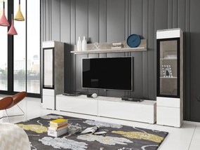 Mobilă pentru sufragerie Sarasota 126Beton, Alb lucios, Părți separate, Cu comodă tv, Sticlă călită, PAL laminat, 132x240x33cm, 77 kg