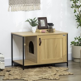 PawHut Casă Toaletă pentru Pisici, cu ușă de intrare laterală și minge suspendată, Oțel Negru și Lemn, 80 x 48 x 55 cm | Aosom Romania