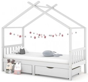 Cadru de pat copii, cu sertare, alb, 90x200 cm, lemn masiv pin