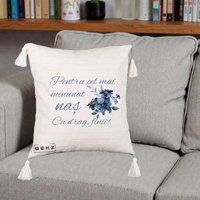 Cadou pentru Nas - Perna Personalizata Pentru Cel mai Minunat Nas Cu drag Finii, 40x40 cm, Bej cu Franjuri, Husa Detasabila, Perna Inclusa, BEKZ®