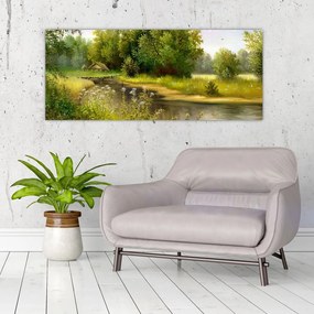 Tablou - Râu lângă pădure, pictură în ulei (120x50 cm)